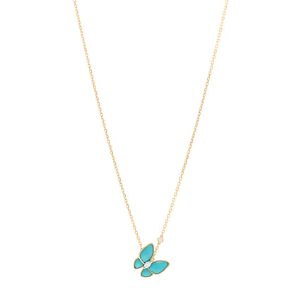 Van Cleef & Arpels 18K Yellow Gold Diamond Turquoise Two Butterfly Pendant Necklace 1 of 6