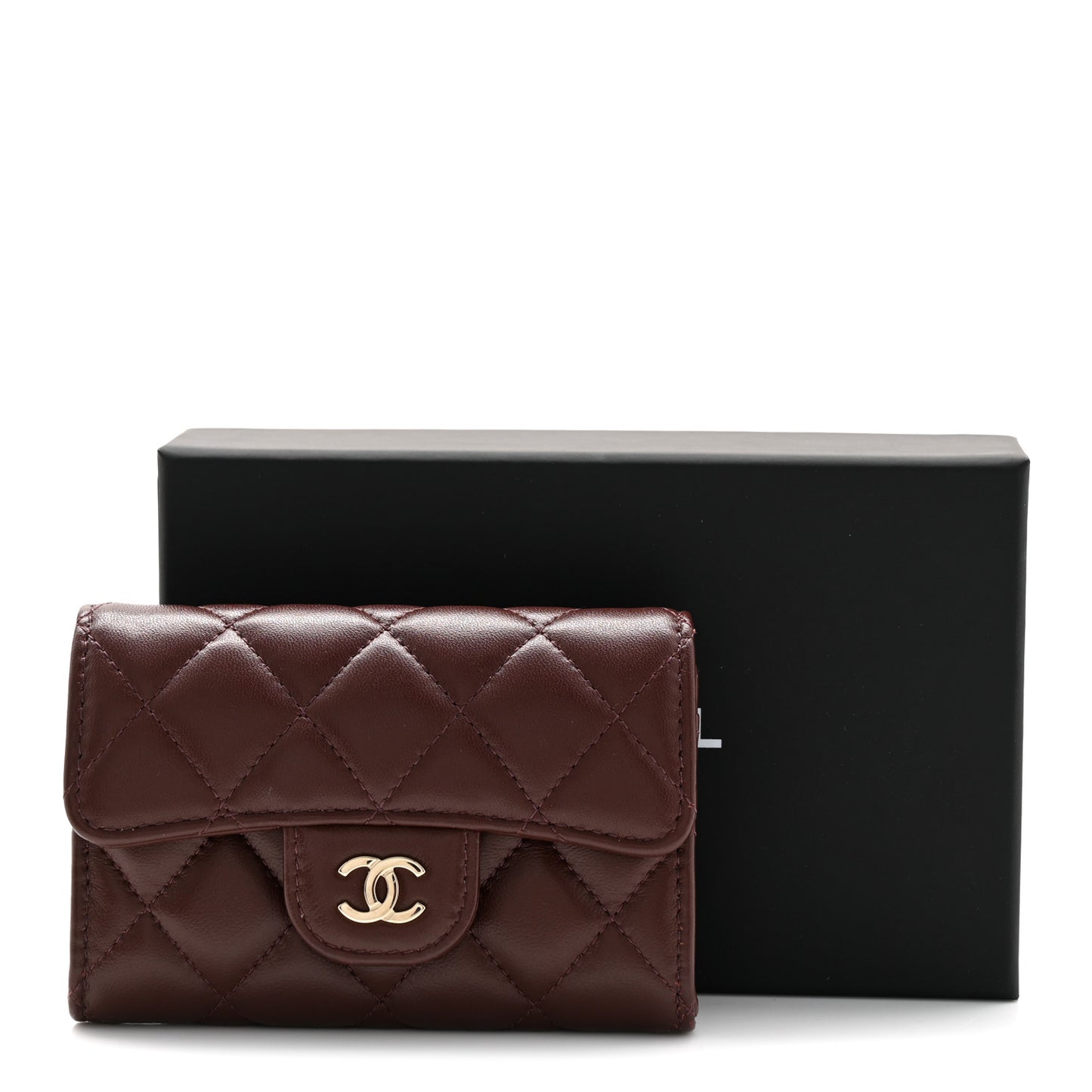 Lambskin Quilted Flap Card Holder Wallet Dark Brown