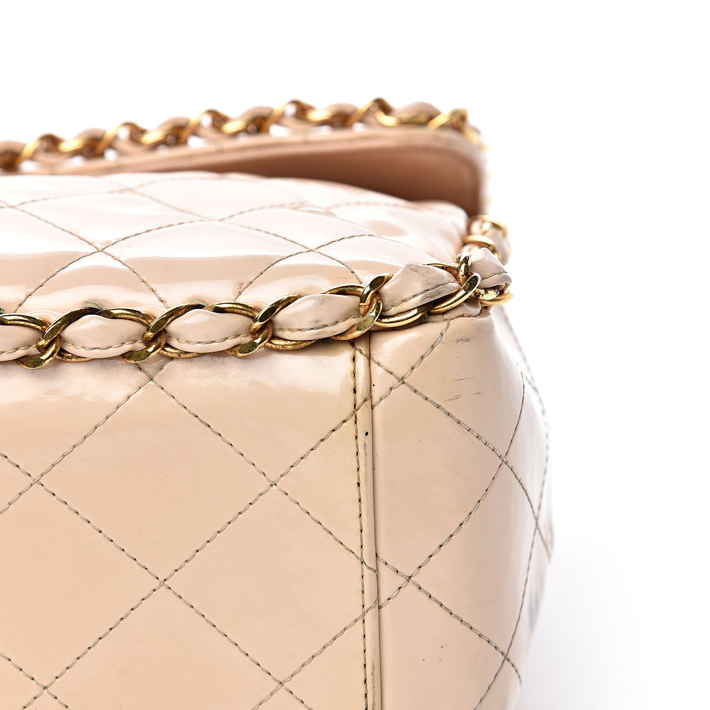 Patent Quilted Jumbo XL Chain Around Flap Beige
