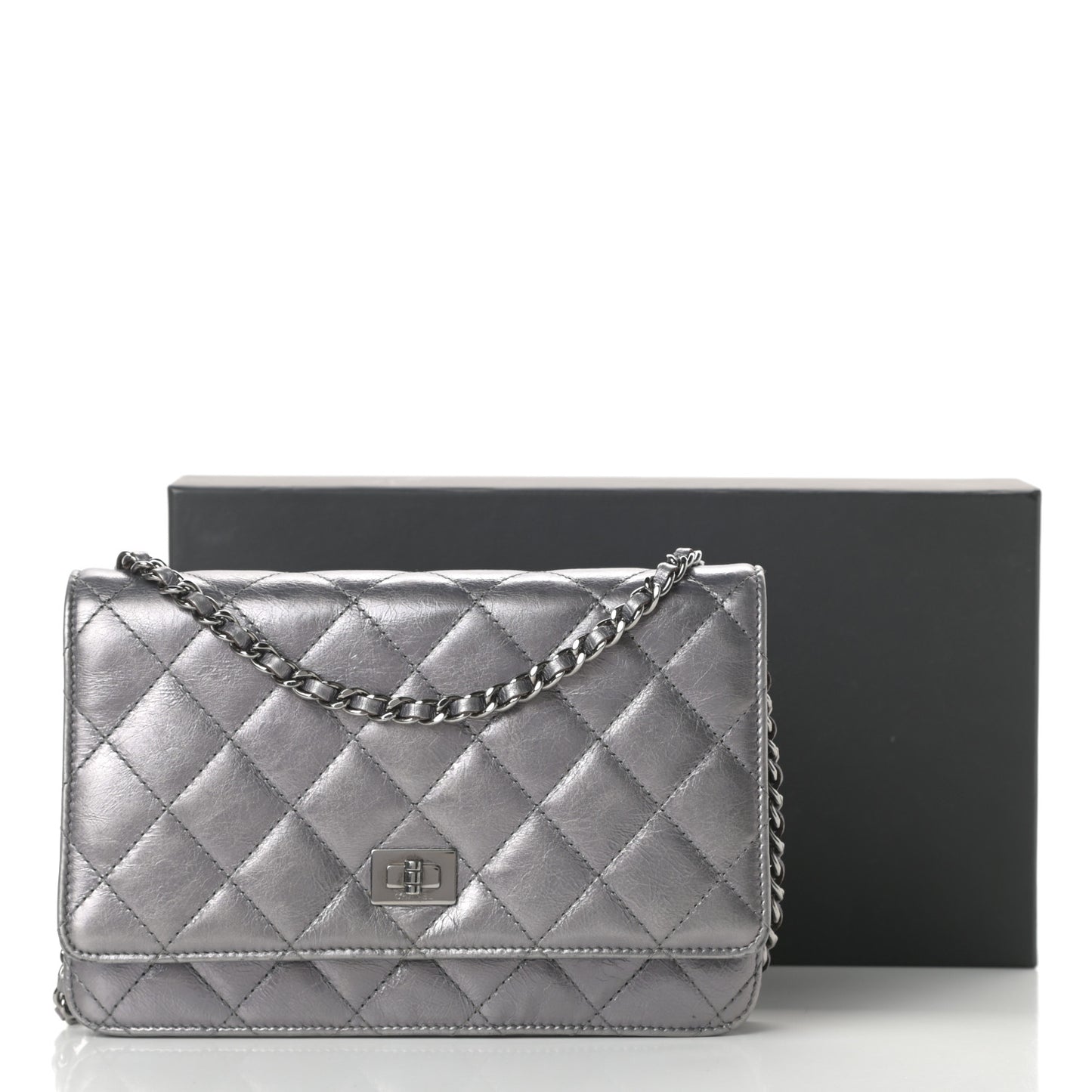 Metallic Aged Calfskin Quilted Reissue Wallet On Chain WOC Dark Silver