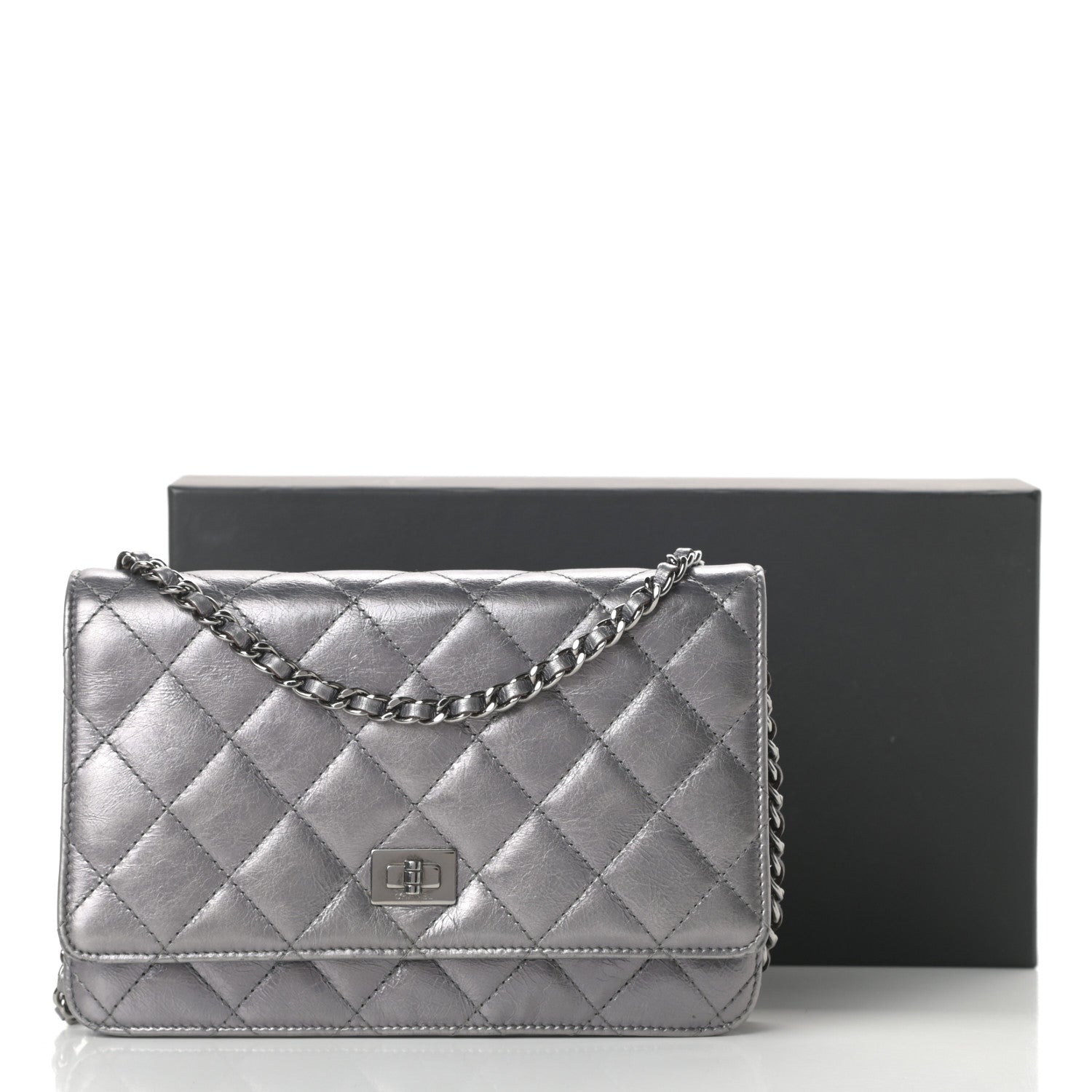 Chanel Metallic Aged Calfskin Quilted Reissue Wallet On Chain WOC Dark Silver 17 of 17