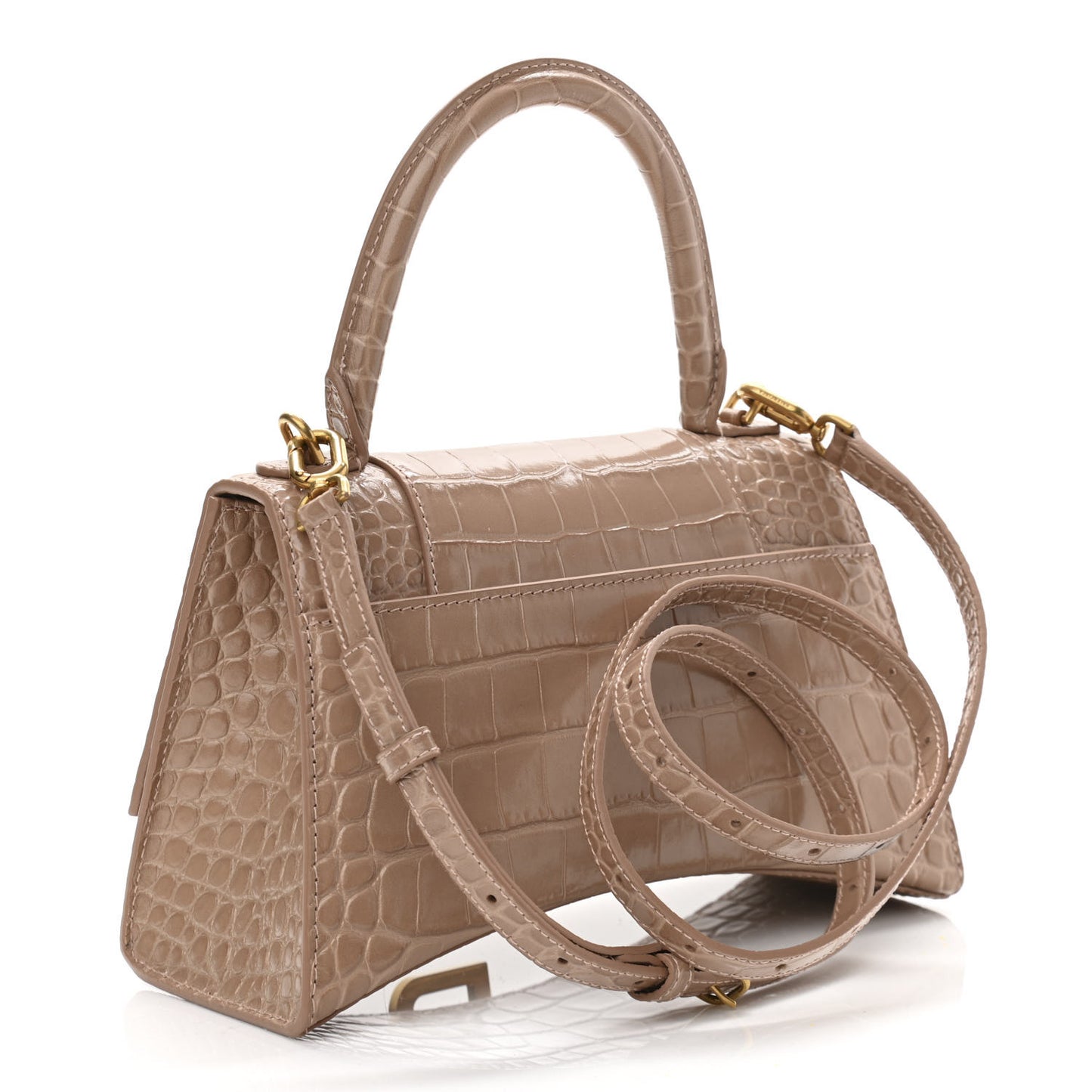 Shiny Calfskin Crocodile Embossed Small Hourglass Top Handle Bag Nude Beige