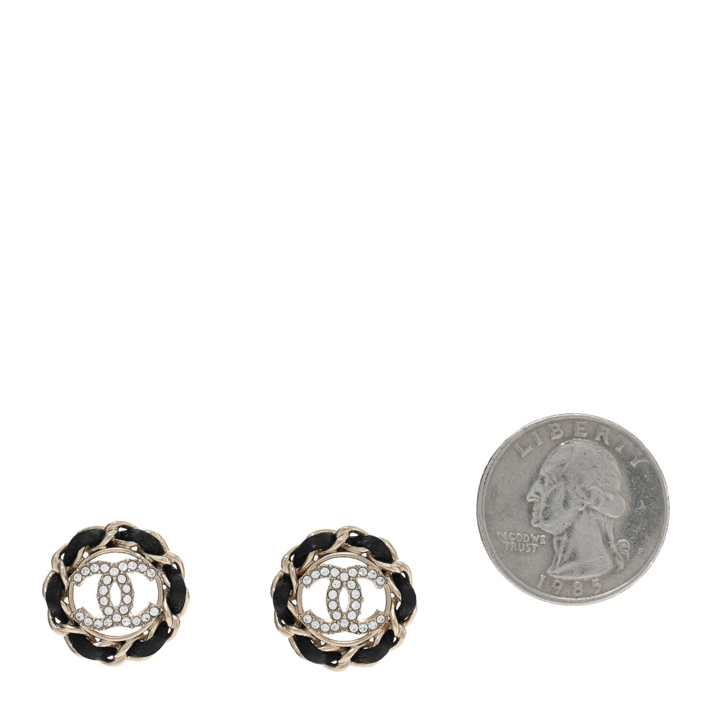 Crystal Lambskin Chain CC Stud Earrings Black Gold