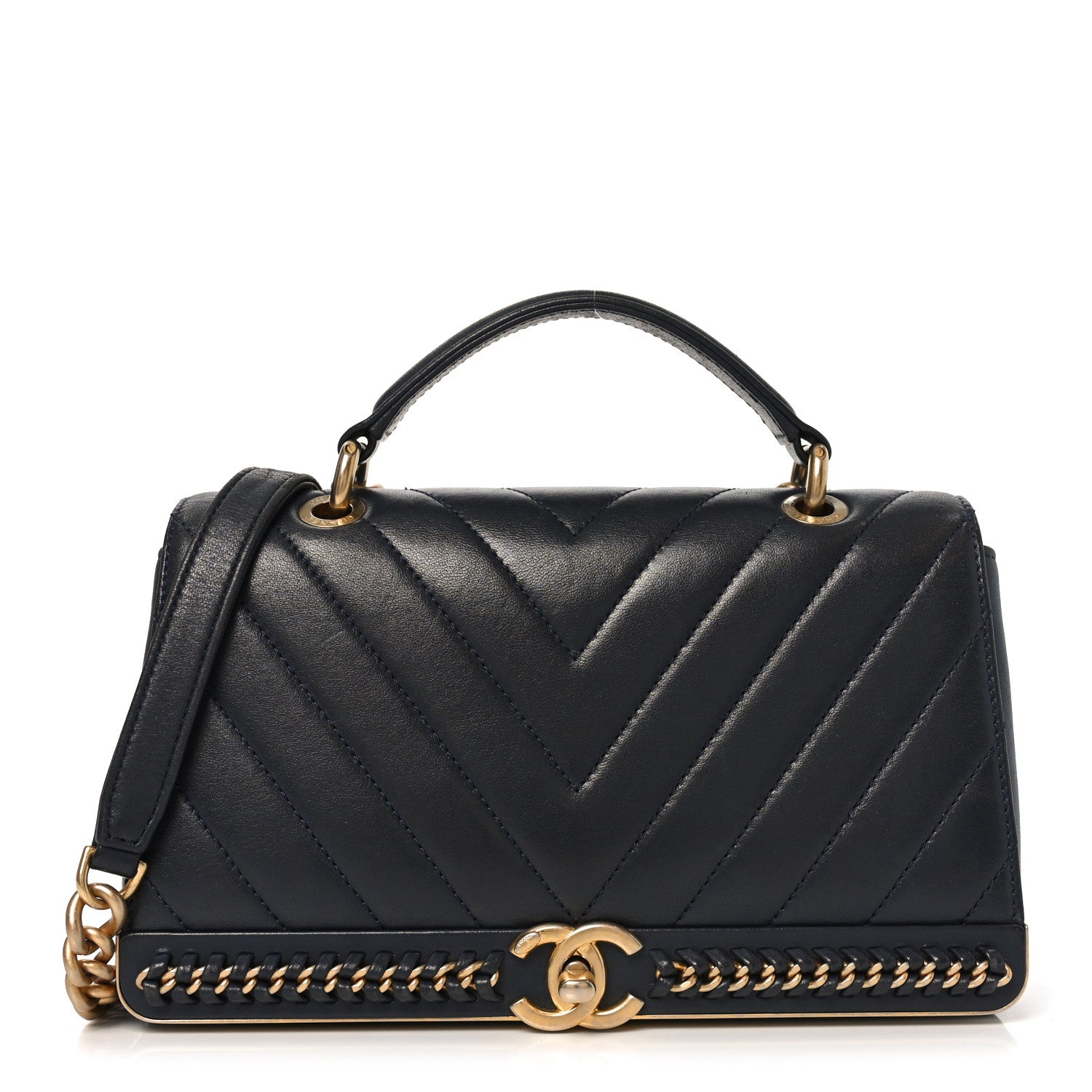 Chanel Sheepskin Chevron Stitched Chain Top Handle Flap Blue 1 of 10
