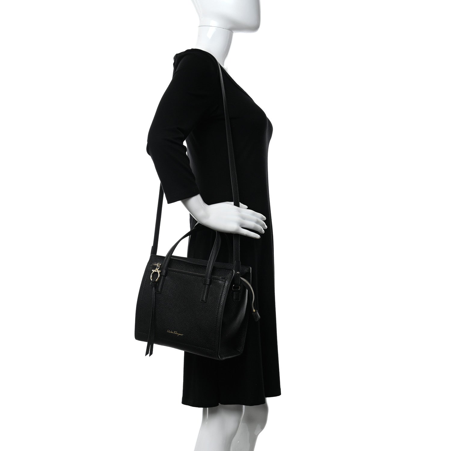 Salvatore Ferragamo Hammered Calfskin Double Handle Small Amy Tote Black 2 of 12