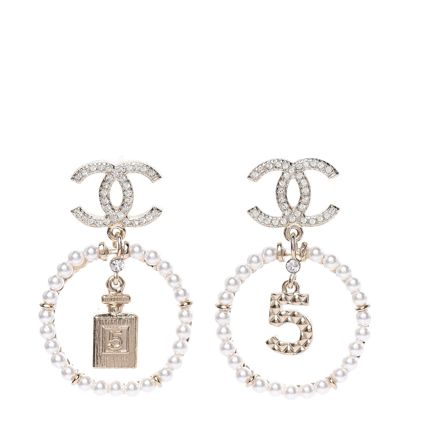 Crystal Pearl Charms CC Drop Earrings Gold
