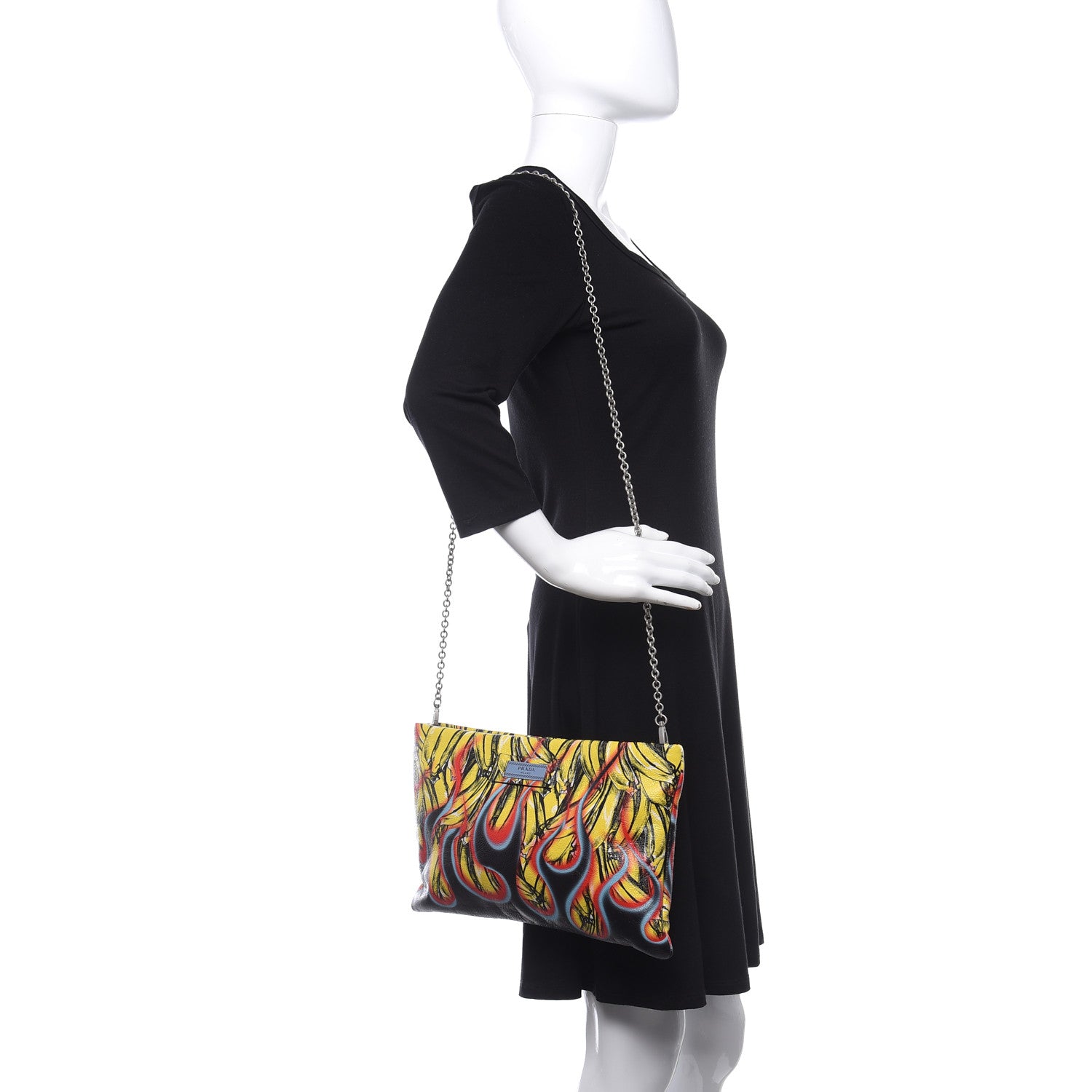Prada Calfskin Double Match Bananas Chain Clutch Lemon Black 2 of 8