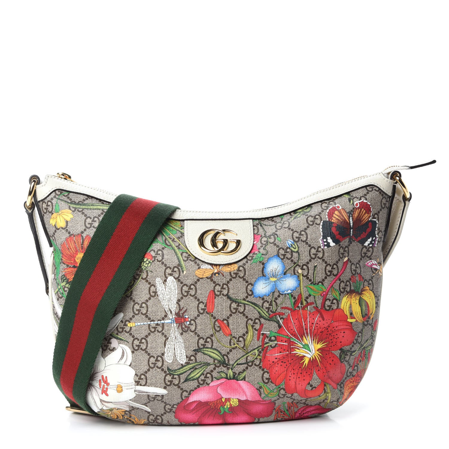 Gucci GG Supreme Monogram Flora Web Small Ophidia Half Moon Hobo White 1 of 10
