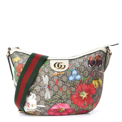 Gucci GG Supreme Monogram Flora Web Small Ophidia Half Moon Hobo White 1 of 10