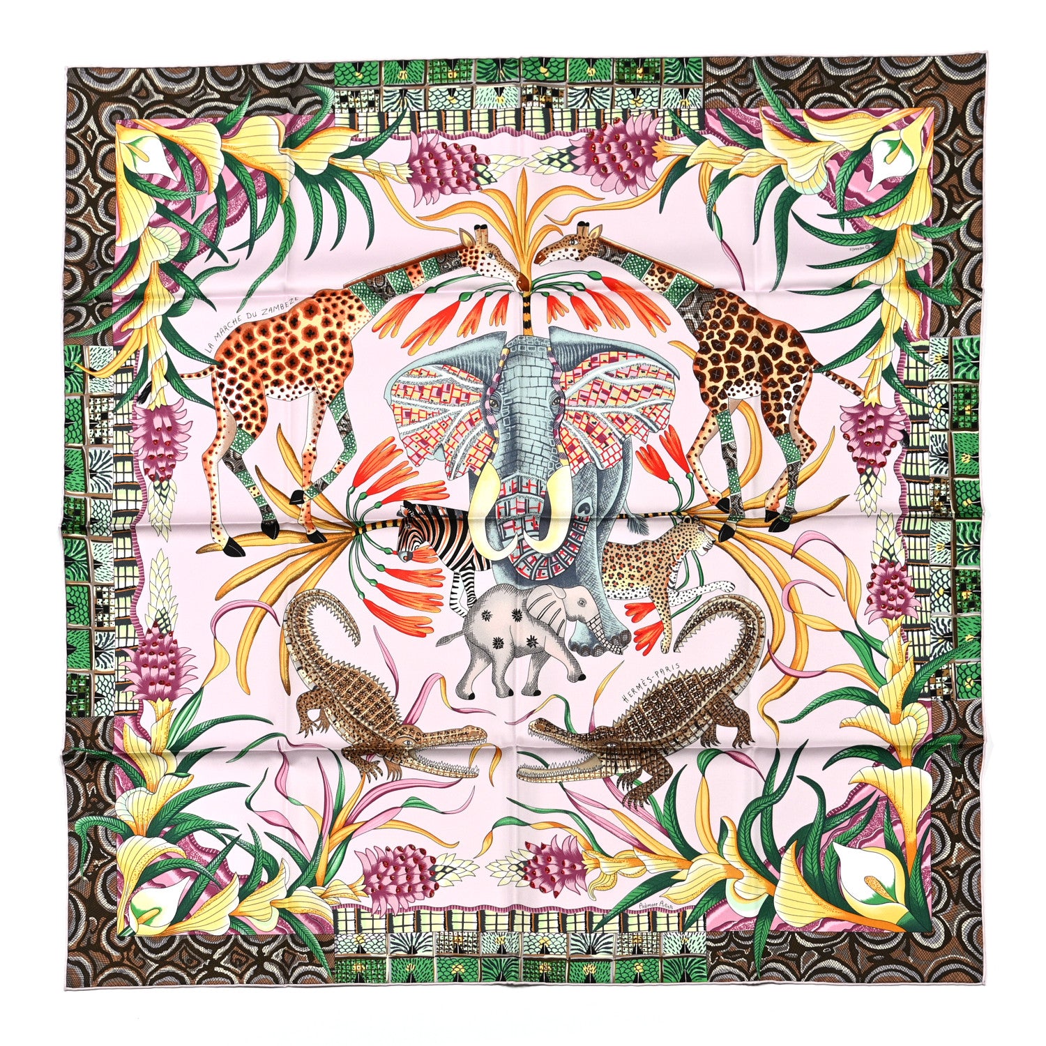 Hermes Silk La Marche Du Zambeze Scarf 90 Rose Pale Vert Jaune 1 of 6