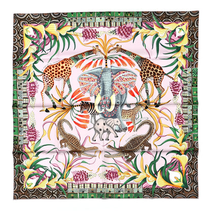Hermes Silk La Marche Du Zambeze Scarf 90 Rose Pale Vert Jaune 1 of 6