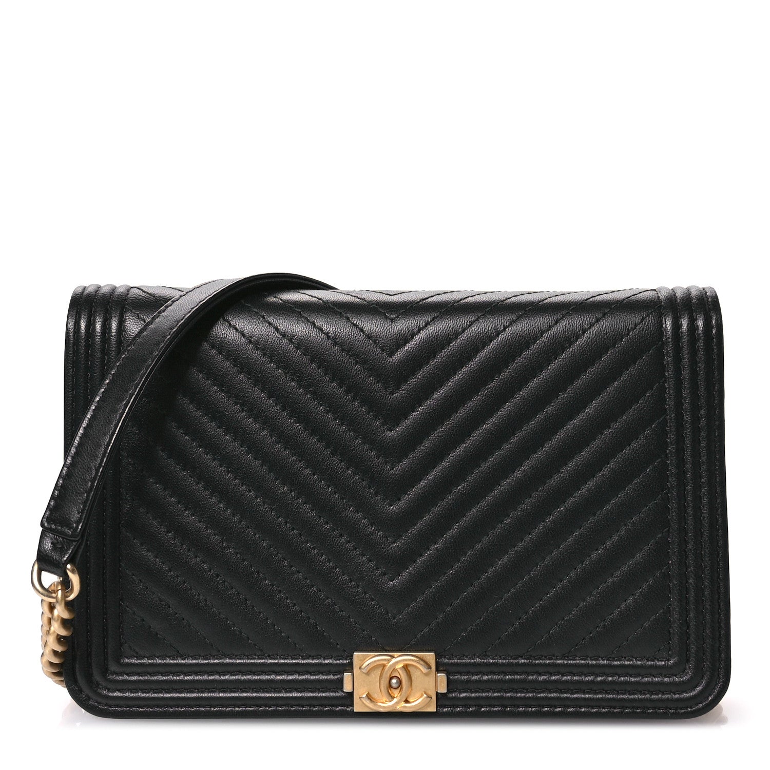 Chanel LAmbskin Chevron Boy Wallet On Chain WOC Black 1 of 12