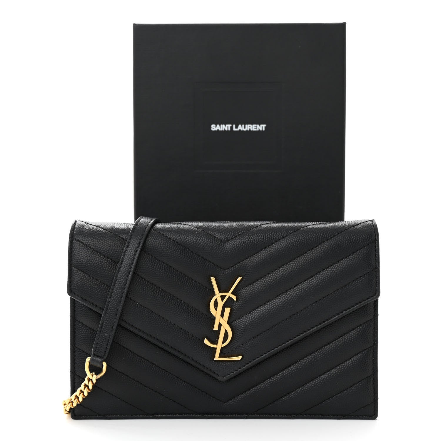 Saint Laurent Grain De Poudre Matelasse Chevron Monogram Envelope Chain Wallet Black 11 of 11