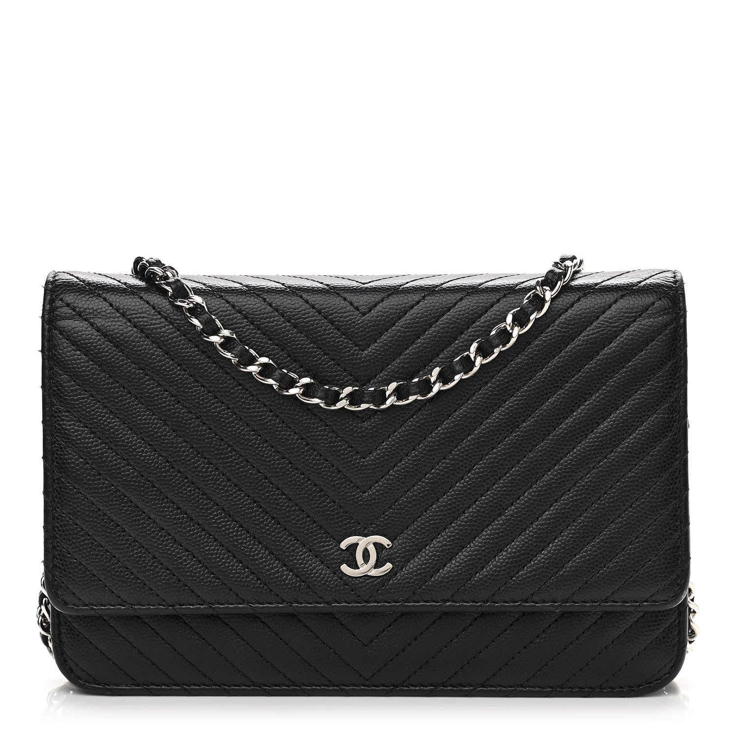 Chanel Caviar Chevron Quilted Wallet On Chain WOC Black 1 of 15