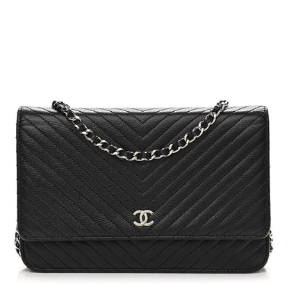 Chanel Caviar Chevron Quilted Wallet On Chain WOC Black 1 of 15