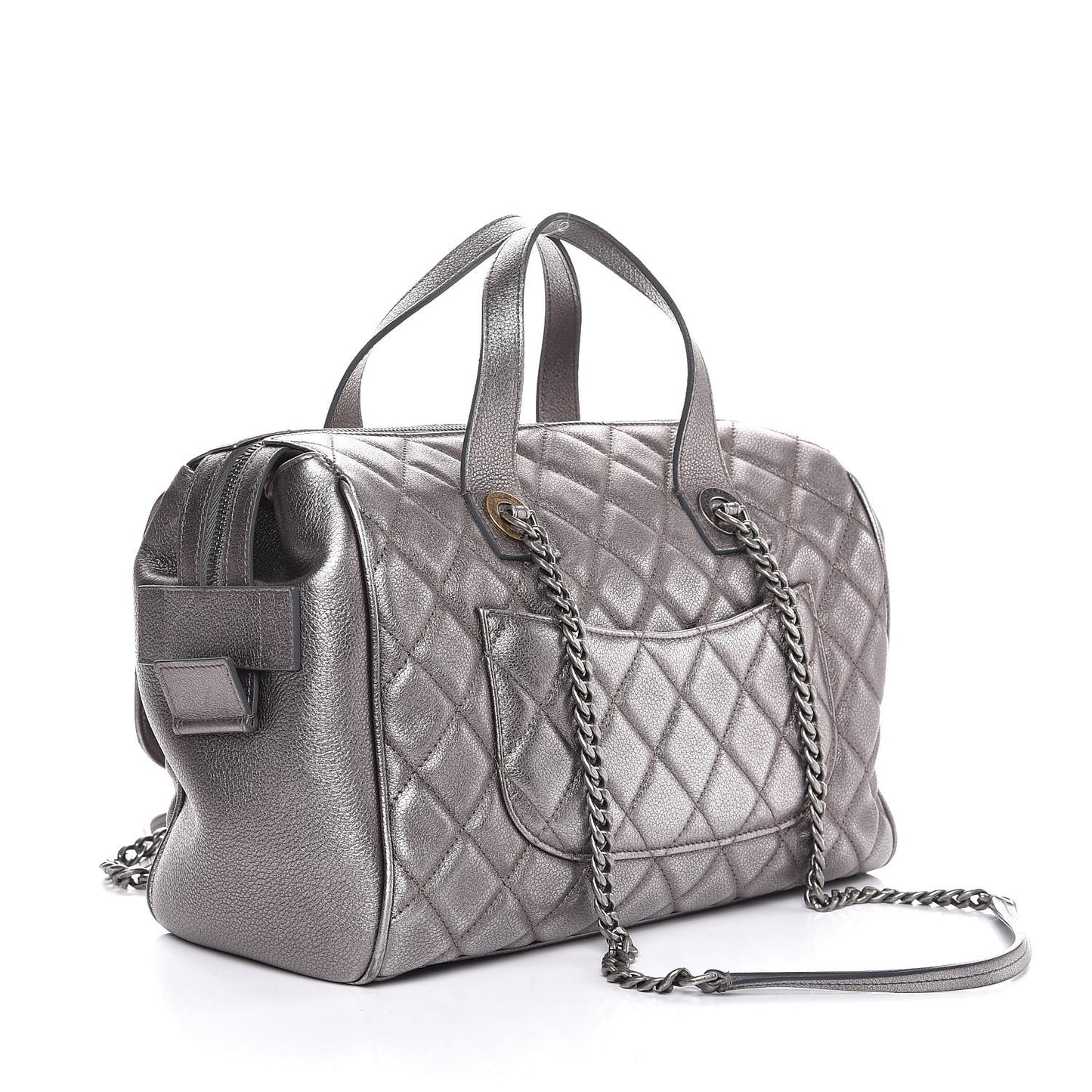 Metallic Grained Calfskin Quilted Large Casual Pocket Bowling Bag Silver