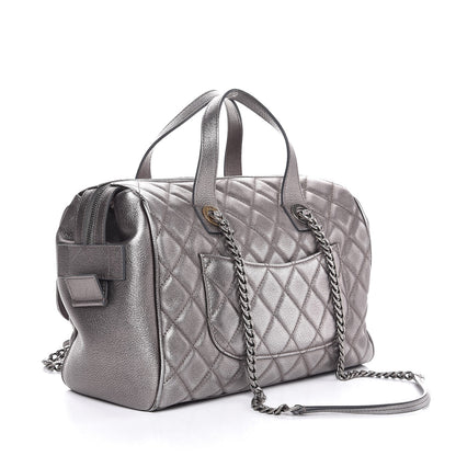 Chanel Metallic Grained Calfskin Quilted Large Casual Pocket Bowling Bag Silver 3 of 7