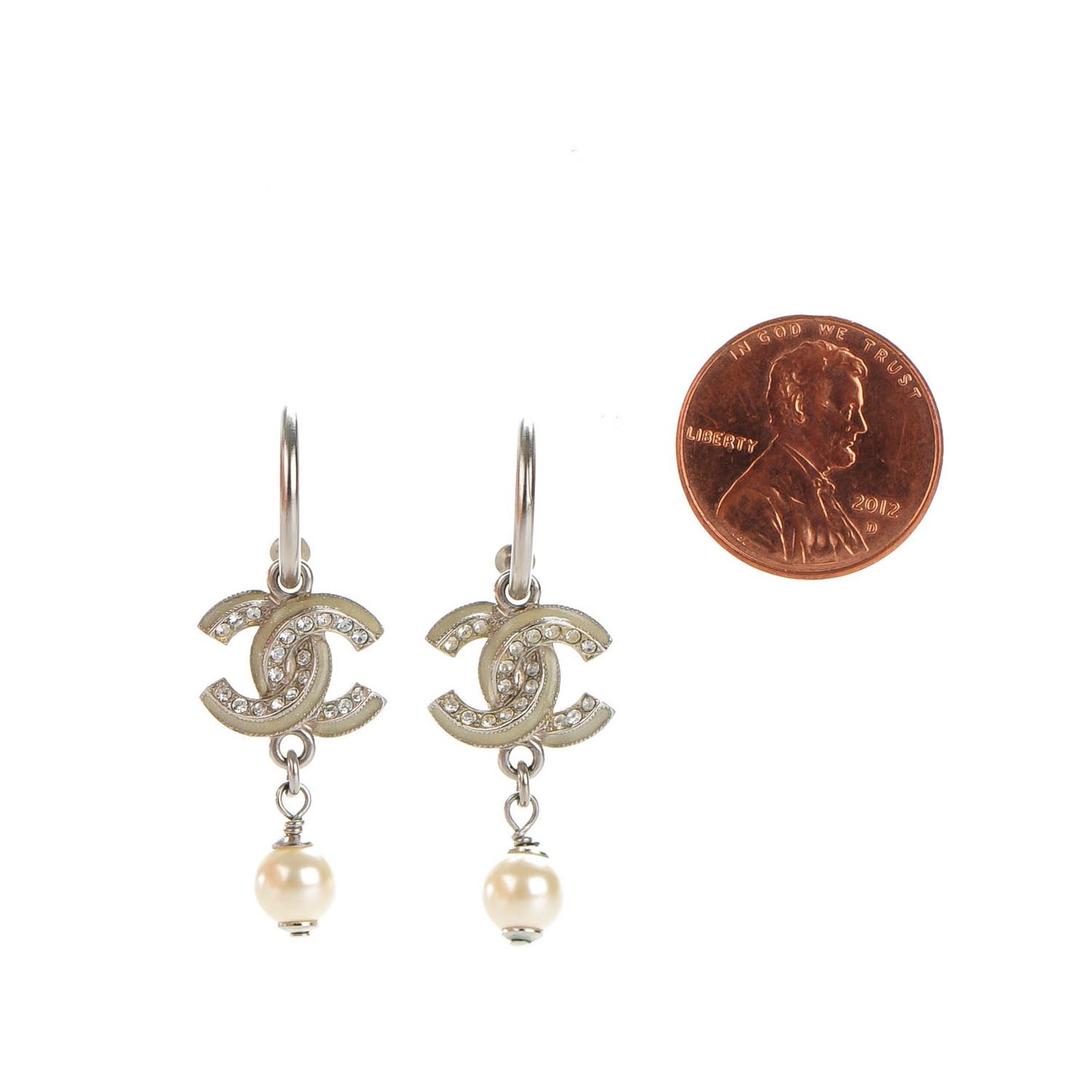 Enamel Crystal Pearl CC Earrings Silver