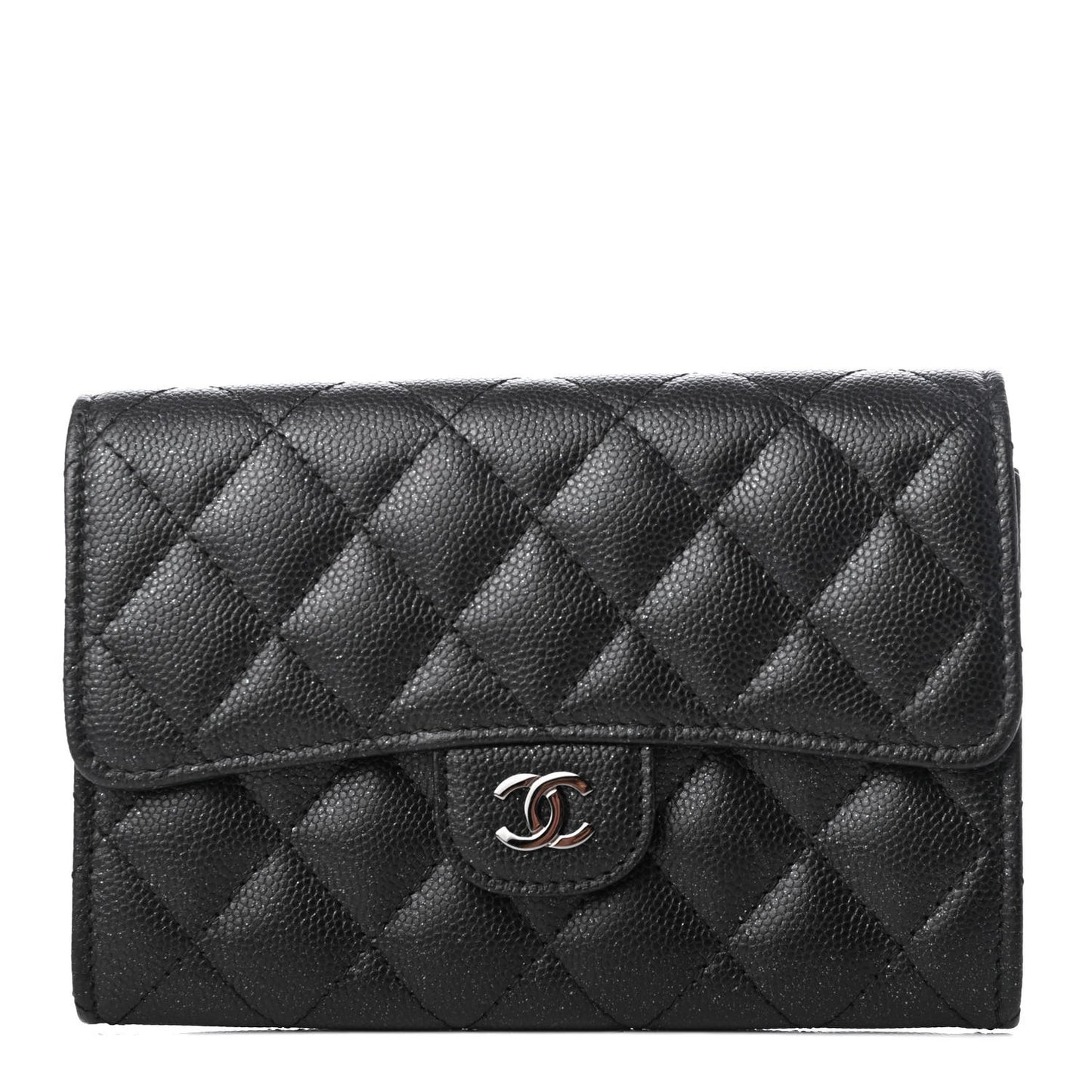 Iridescent Caviar Quilted Medium Flap Wallet Black