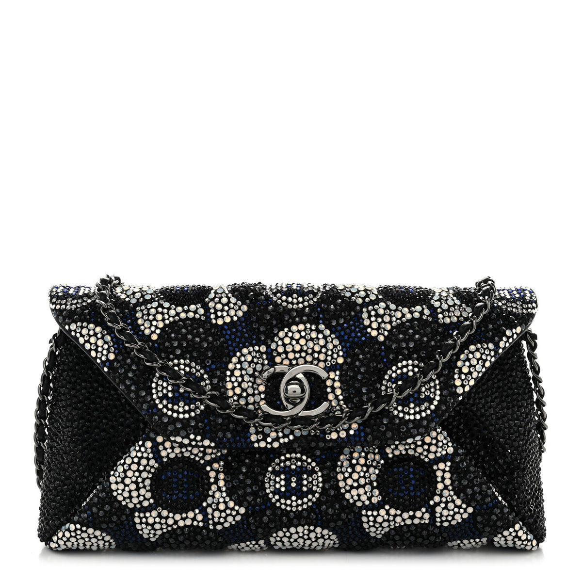 Chanel Satin Strass Flower Clutch With Chain Black White Blue 1 of 10