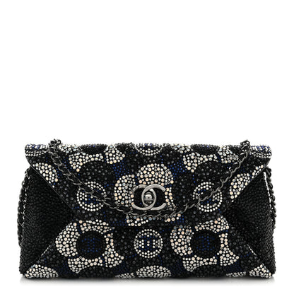 Chanel Satin Strass Flower Clutch With Chain Black White Blue 1 of 10