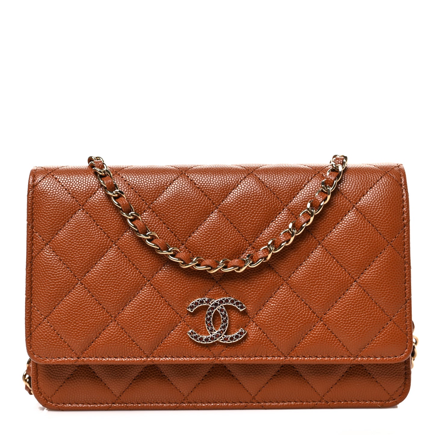 Shiny Caviar Quilted Strass Wallet On Chain WOC Light Brown