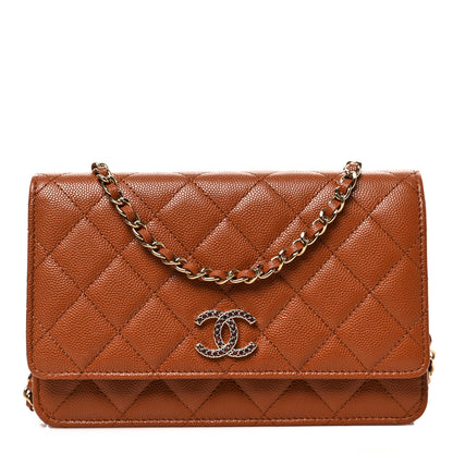 Chanel Shiny Caviar Quilted Strass Wallet On Chain WOC Light Brown 1 of 9