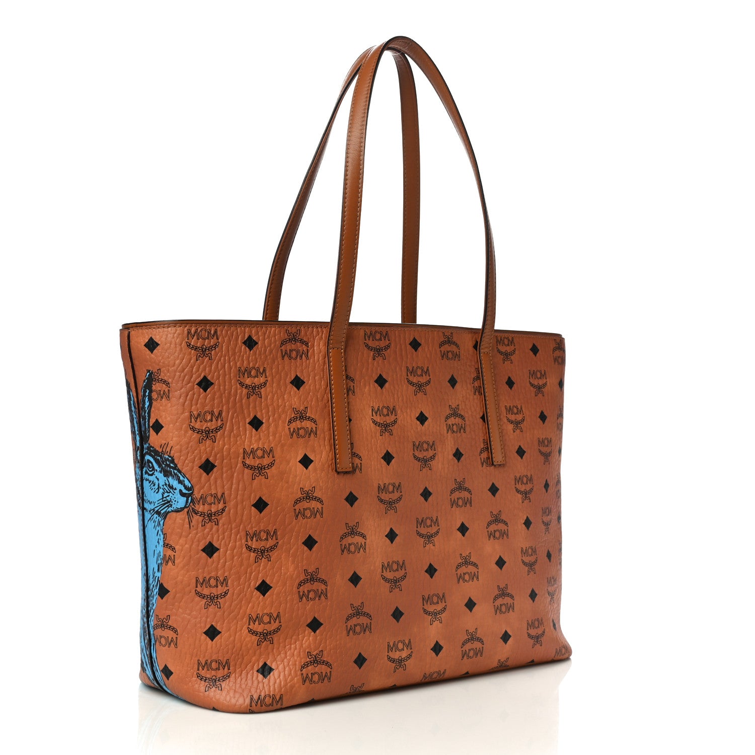 MCM Visetos Anya Hide And Seek Rabbit Medium Shopper Tote Bag Cognac 3 of 10