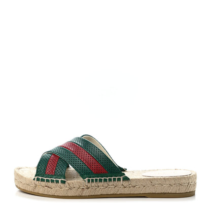 Gucci Calfskin Perforated Web Espadrille Sandals 38.5 Red Green 1 of 4
