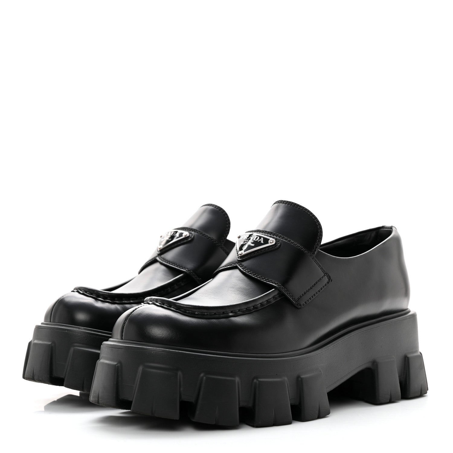 Prada Spazzolato Rois Metal Triangle Logo Monolith 55mm Loafers 39 Black 3 of 13