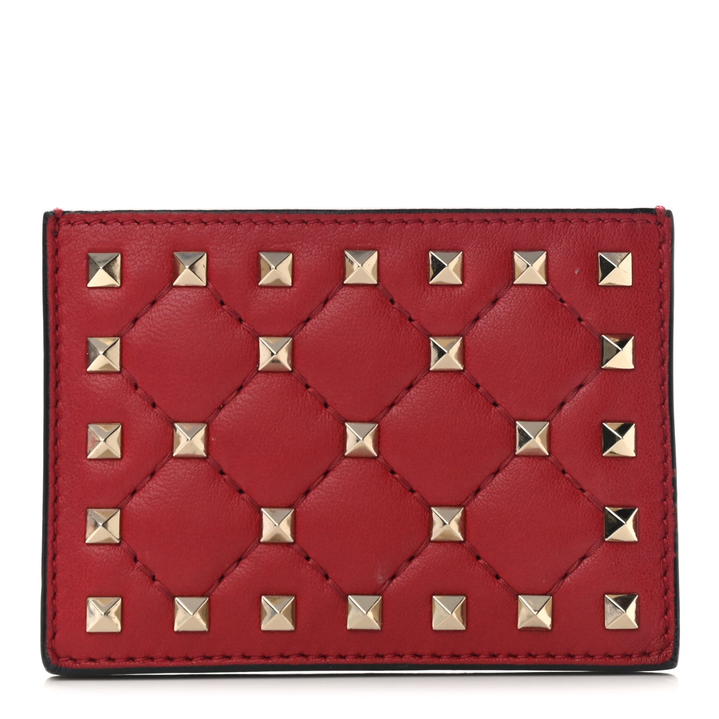 Lambskin Rockstud Spike Card Holder Red