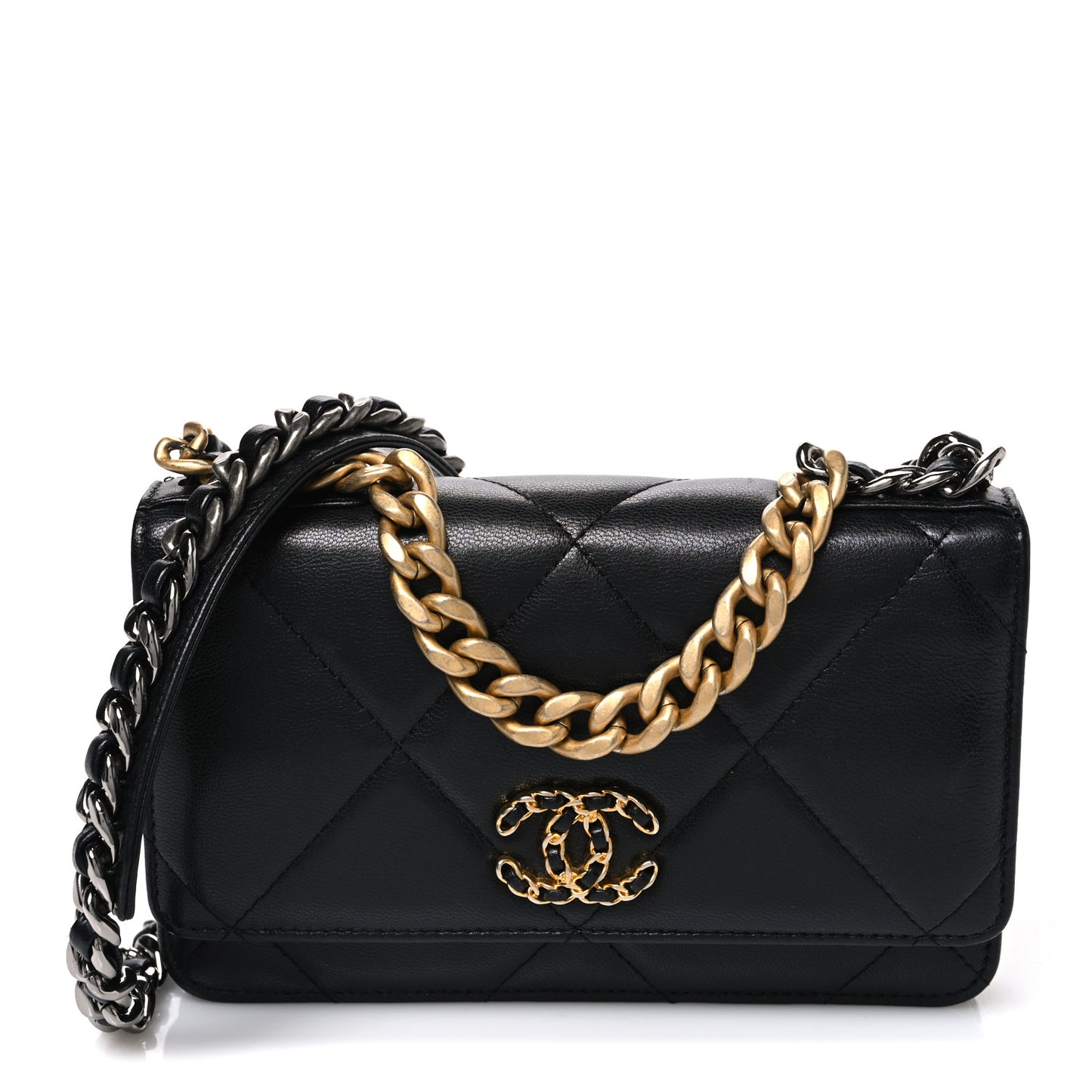 Goatskin Quilted Chanel 19 Wallet On Chain WOC Black