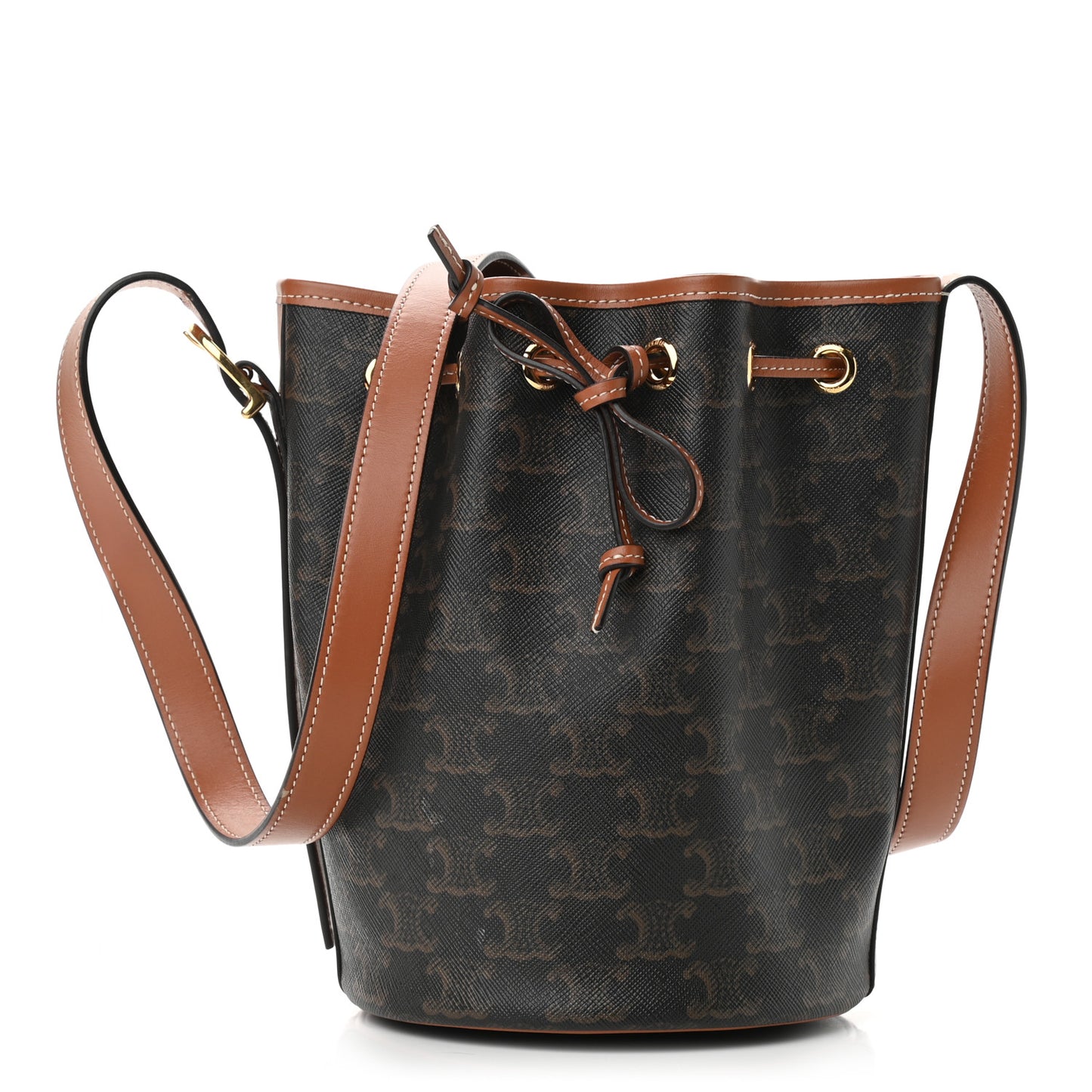 Triomphe Canvas Calfskin Small Drawstring Bucket Bag Tan