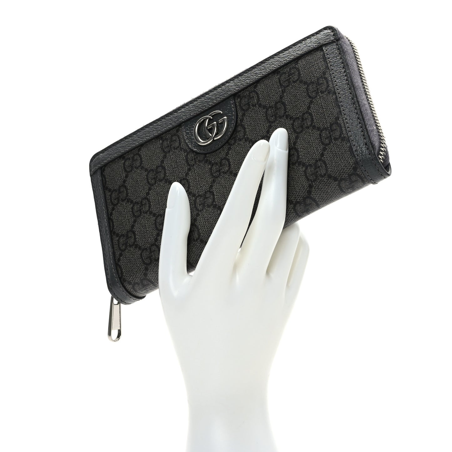 GG Supreme Monogram Textured Dollar Calfskin Ophidia Zip Around Wallet Grey Black Graphite Grey