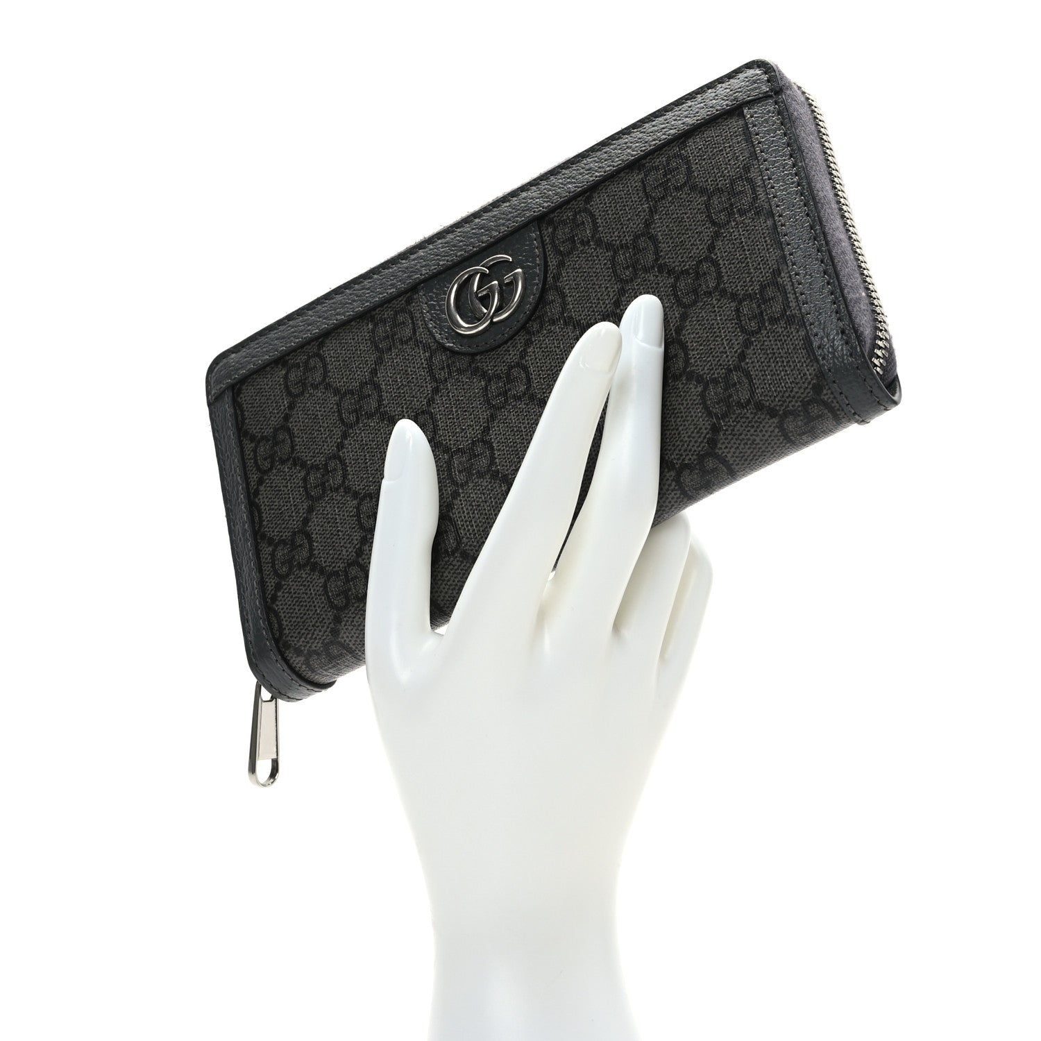 Gucci GG Supreme Monogram Textured Dollar Calfskin Ophidia Zip Around Wallet Grey Black Graphite Grey 2 of 6