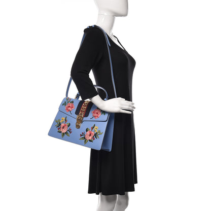 Gucci Calfskin Embroidered Medium Sylvie Top Handle Bag Clear Sky Blue 2 of 10