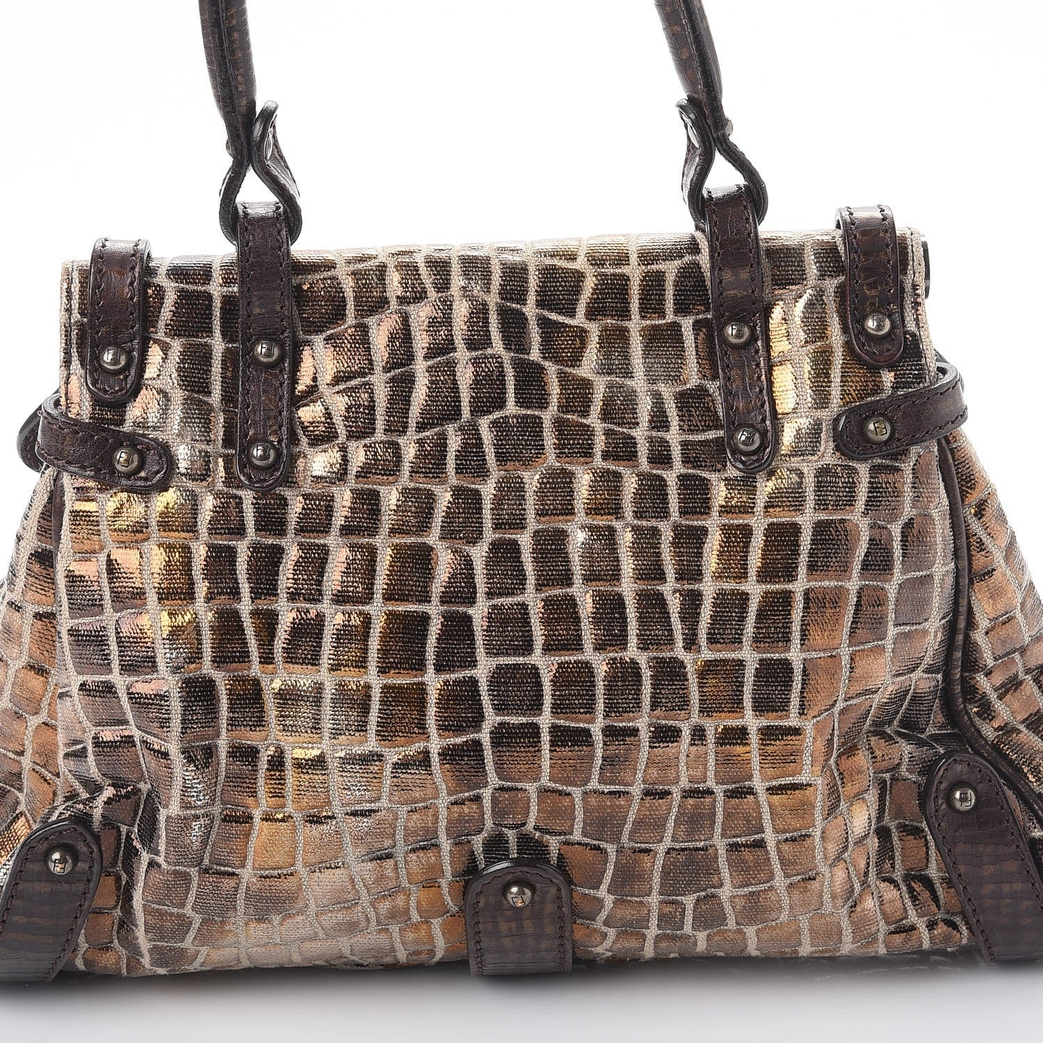 Fendi Metallic Canvas Croc Print Magic Satchel Brown 10 of 12