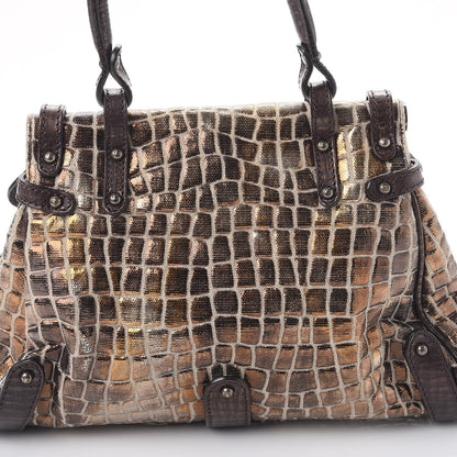 Fendi Metallic Canvas Croc Print Magic Satchel Brown 10 of 12