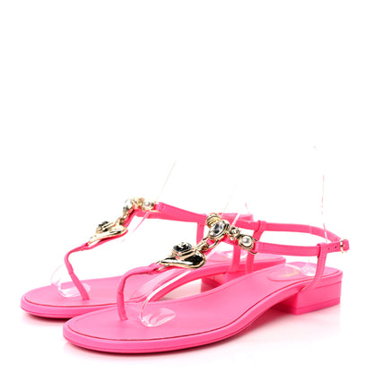 Chanel Shiny Lambskin Pearl Crystal CC Heart Thong Sandals 39 Neon Pink 3 of 8