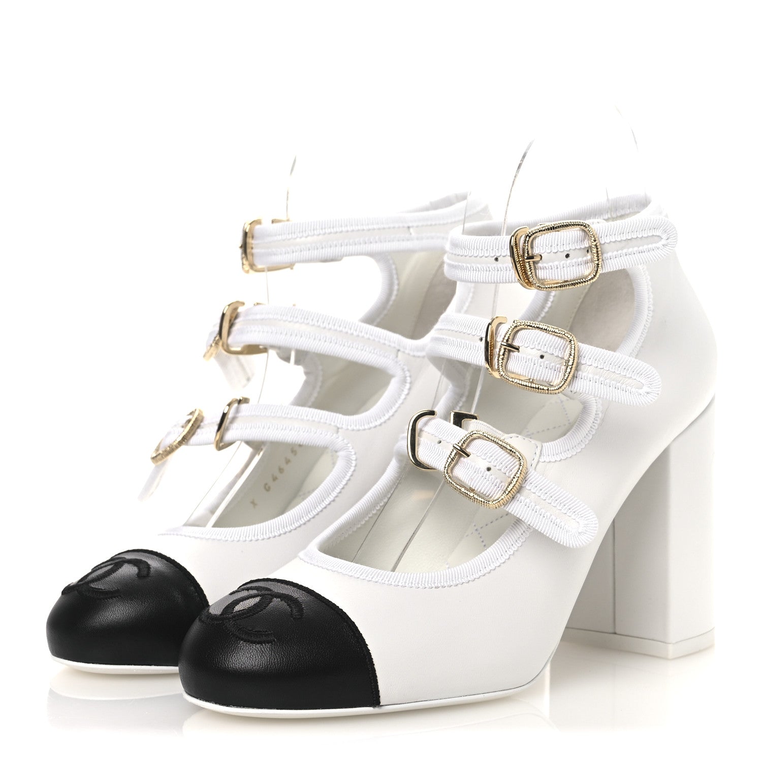 Chanel Lambskin Metal Mary Jane Pumps 37 White Black 1855610
