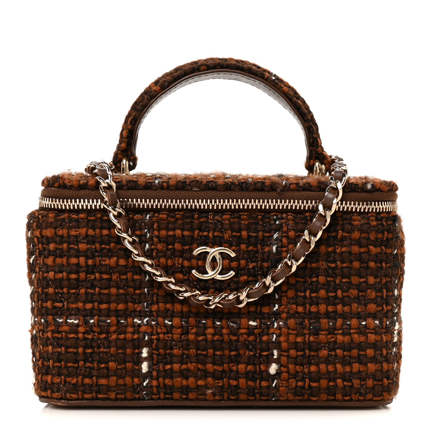Tweed Small Top Handle Vanity Case With Chain Brown Multicolor