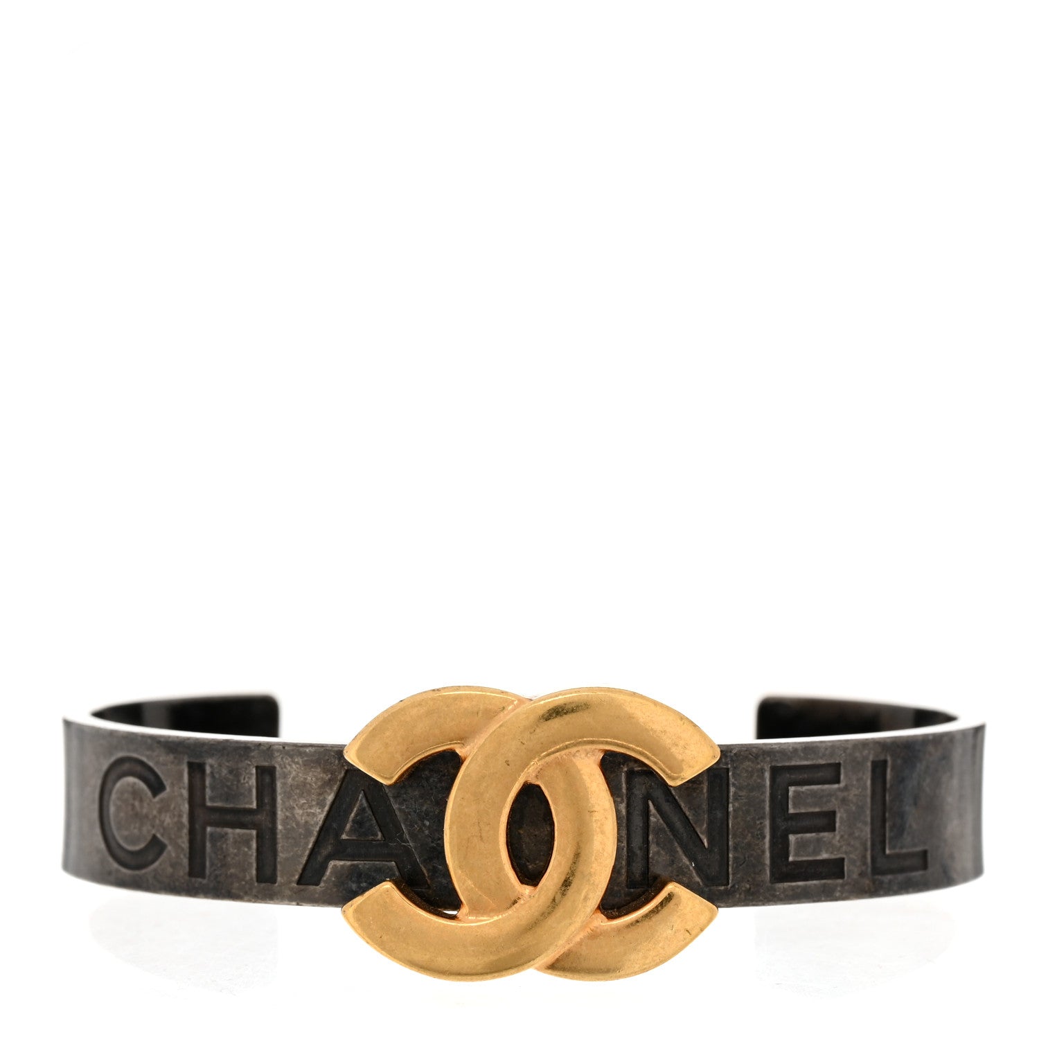Chanel Ruthenium Gold Logo Cuff Bracelet M Black 1 of 4