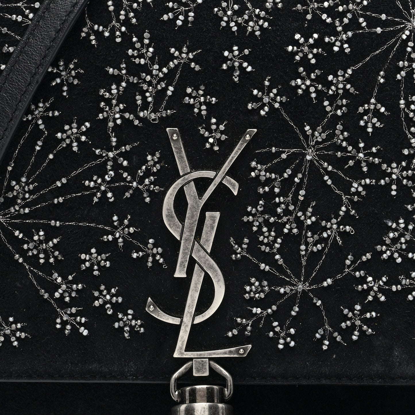 Suede Bead Embellished Classic Monogram Kate Tassel Chain Wallet Black