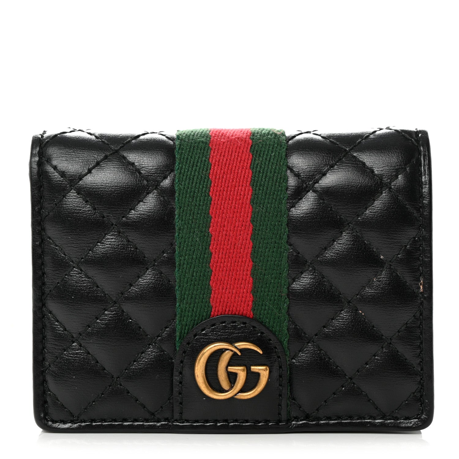 Gucci Calfskin Web Trapuntata GG Marmont Card Case Wallet Black 1 of 10