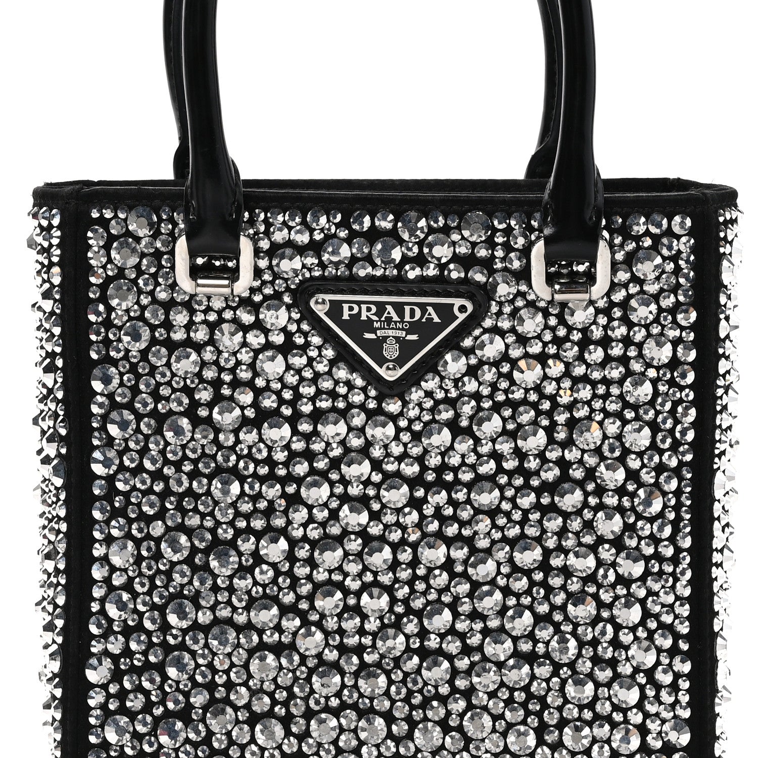 Prada Satin Crystal Metal Triangle Logo Small Double Handle
