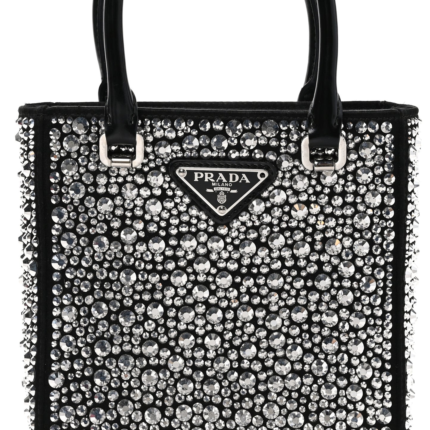 Satin Crystal Metal Triangle Logo Small Double Handle Crossbody Tote Metal