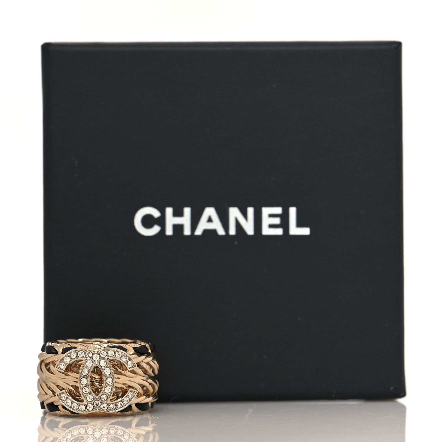 Chanel Metal Crystal Lambskin CC Ring 54 Gold Black 5 of 5