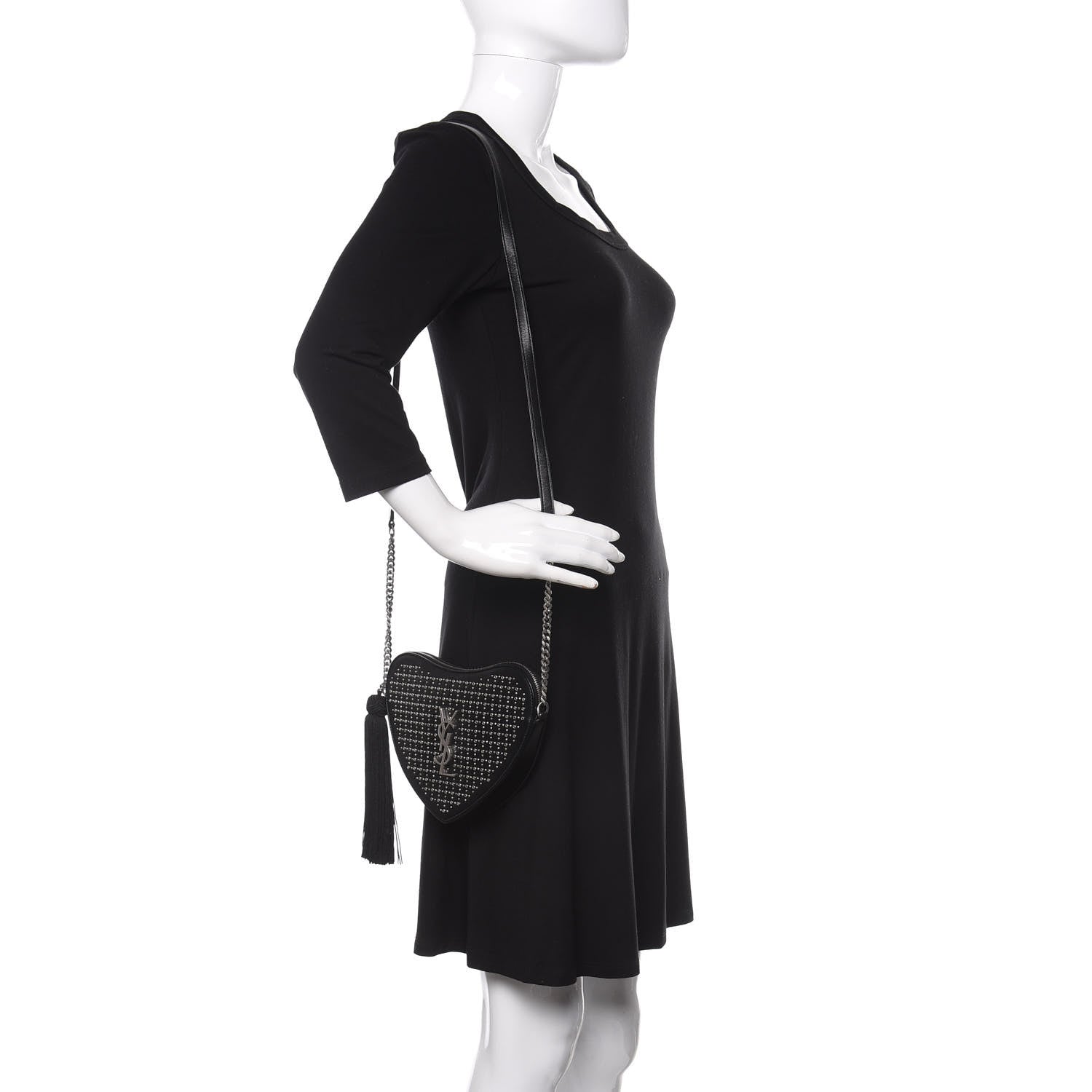 Saint Laurent Calfskin Studded Monogram Heart Shoulder Bag Black 2 of 9