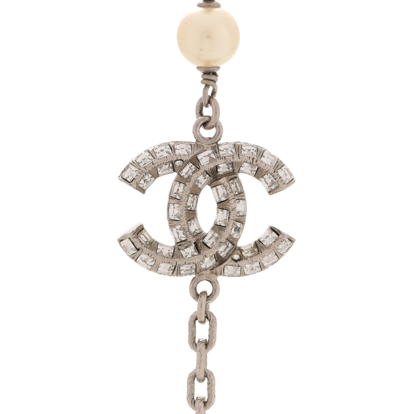Pearl Baguette Crystal CC Long Necklace Silver