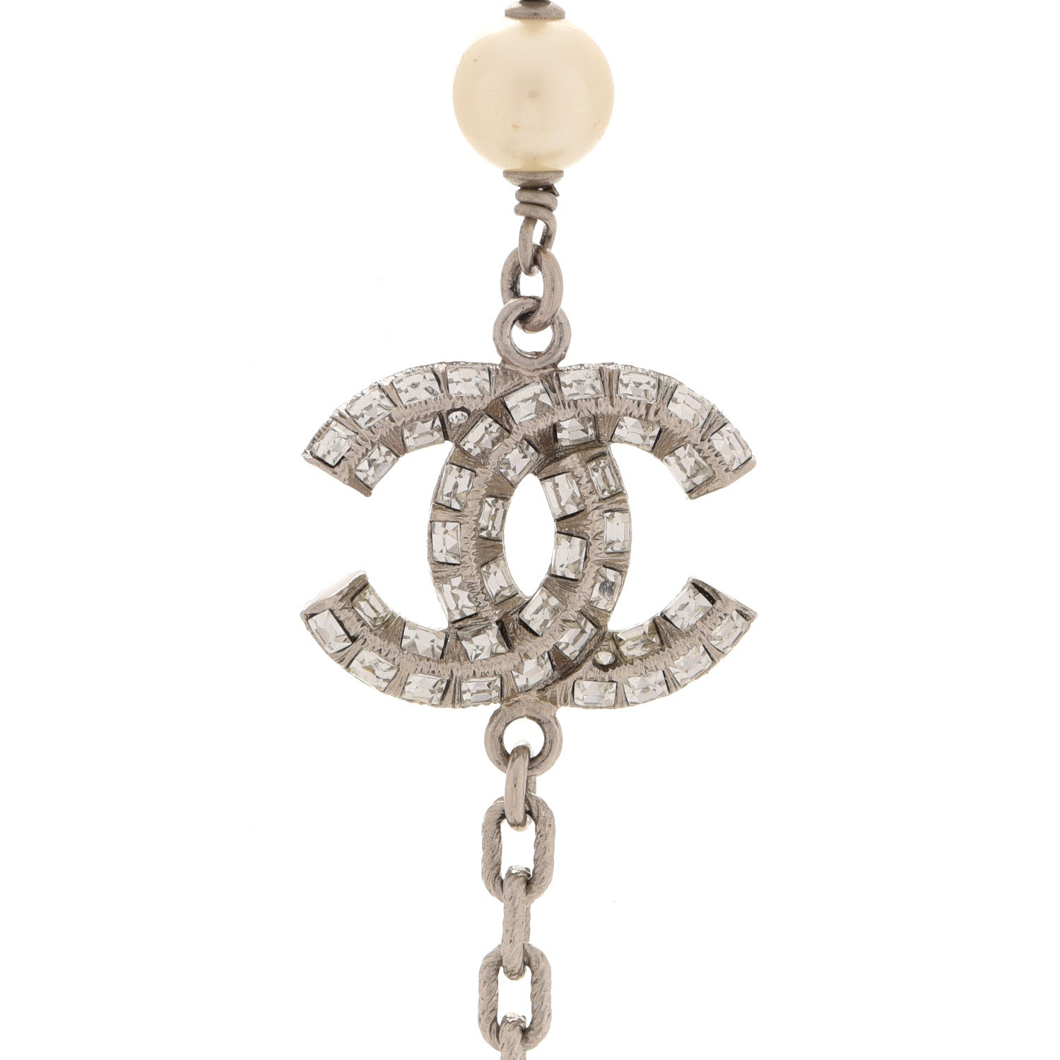Chanel Pearl Baguette Crystal CC Long Necklace Silver 4 of 5
